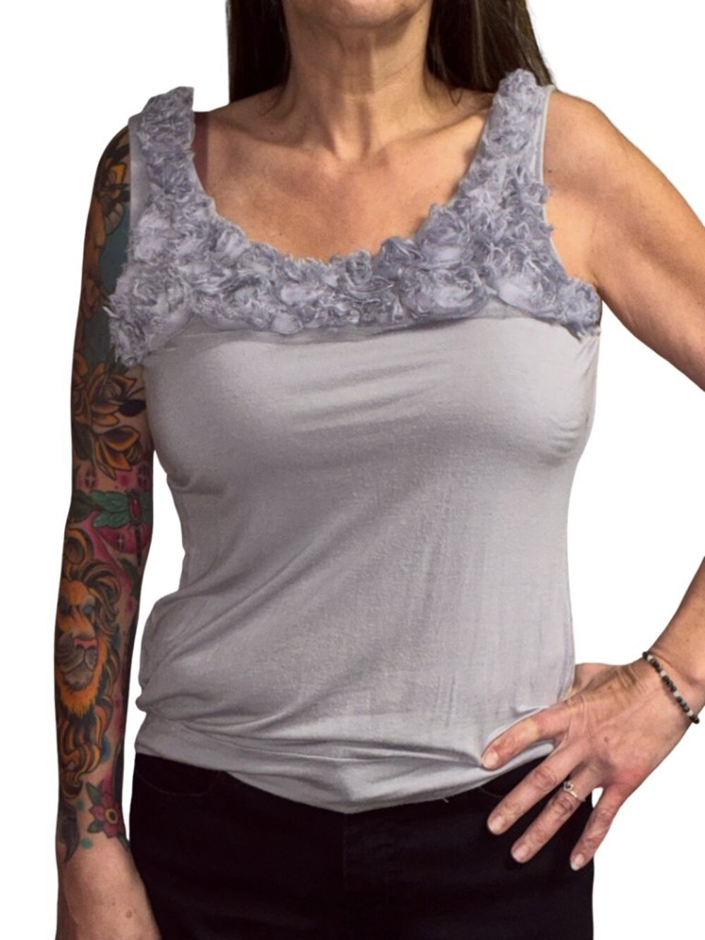 Sz.L*Forever Fashion*Gray Tank w/Rose Detail at Neckline